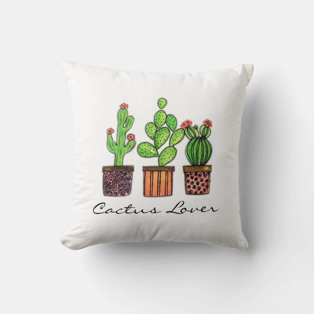 Cute Watercolor Cactus In Pots Cushion (Front)