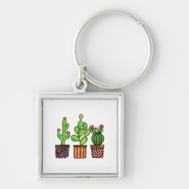 Cute Watercolor Cactus In Pots Key Ring (Front)