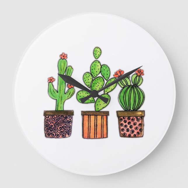 Cute Watercolor Cactus In Pots Large Clock (Front)