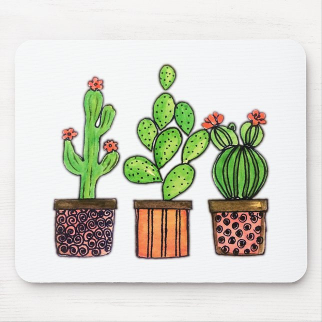 Cute Watercolor Cactus In Pots Mouse Mat (Front)