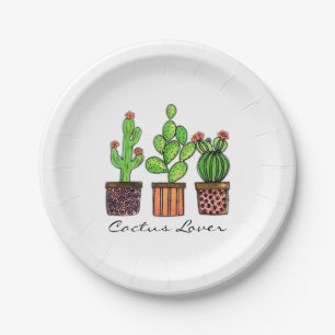 Cute Watercolor Cactus In Pots Paper Plate