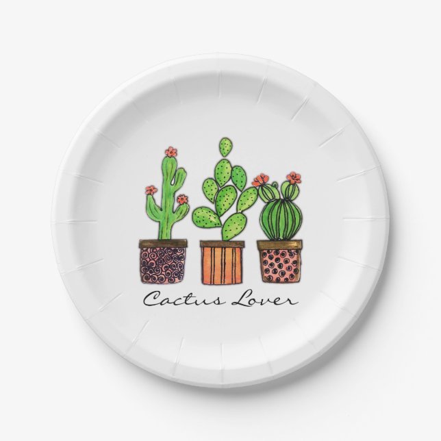 Cute Watercolor Cactus In Pots Paper Plate (Front)