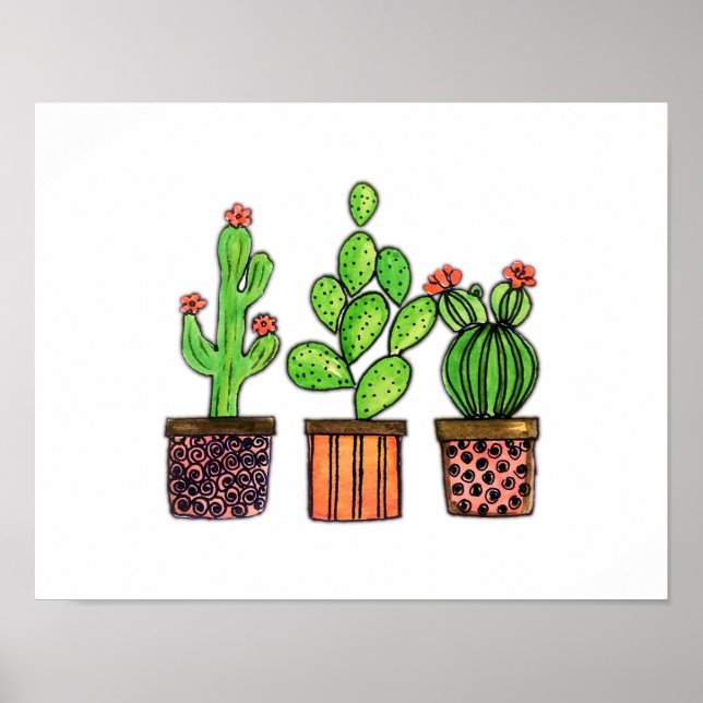 Cute Watercolor Cactus In Pots Poster (Front)