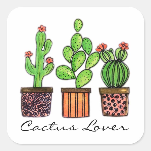Cute Watercolor Cactus In Pots Square Sticker (Front)