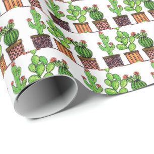 Cute Watercolor Cactus In Pots Wrapping Paper