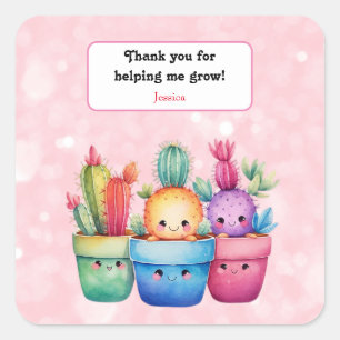 Cute Watercolor Cactus Pink Thank You Square Sticker