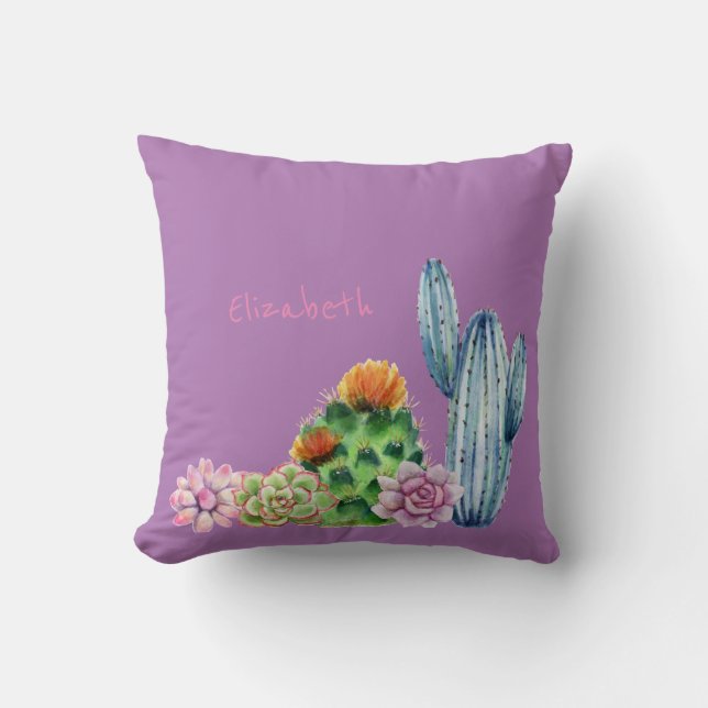 Cute Watercolor Cactus Succulents Cushion (Front)