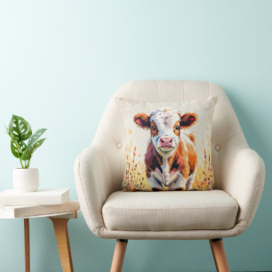 Cute Watercolor Calf In Field Flowers Cushion