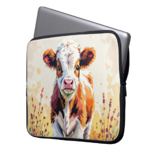 Cute Watercolor Calf In Field Flowers Laptop Sleeve