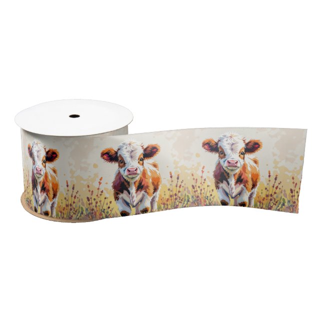 Cute Watercolor Calf In Field Flowers Satin Ribbon (Spool)