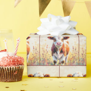 Cute Watercolor Calf In Field Flowers Wrapping Paper