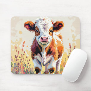 Cute Watercolor Calf In Field Weeds Mouse Mat