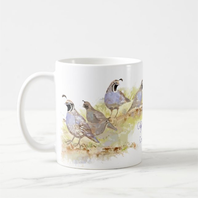 Cute Watercolor California Quail Bird Art Coffee Mug (Left)
