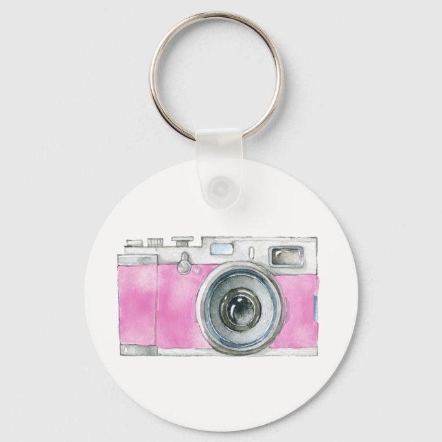 Cute Watercolor Camera Painting in Violet Graphic Key Ring (Front)