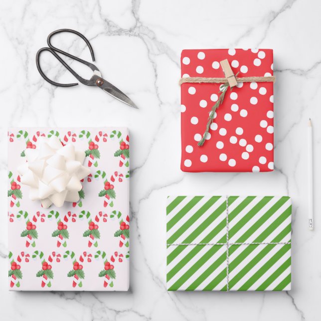 Cute Watercolor Candy Canes - Christmas Wrapping Paper Sheet (Front)