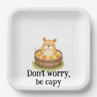 Cute Watercolor Capybara in Hot Tub with Oranges & Paper Plate
