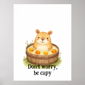 Cute Watercolor Capybara in Hot Tub with Oranges & Poster
