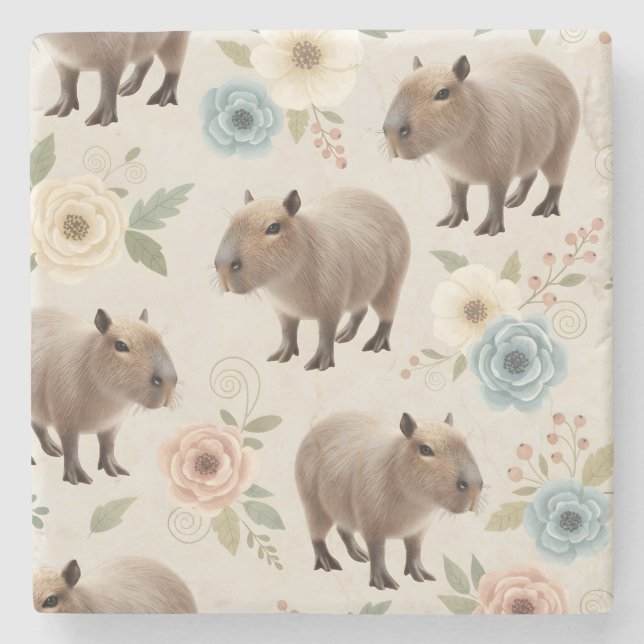 Cute Watercolor Capybara Seamless Pattern Stone Coaster (Front)