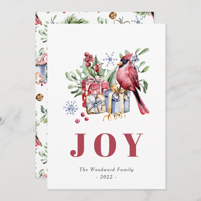Cute Watercolor Cardinal Bird Christmas Holiday Card (Front/Back)