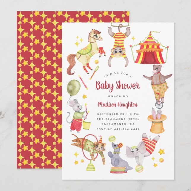 Cute Watercolor Carnival Circus Animal Baby Shower Invitation (Front/Back)