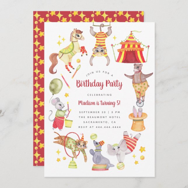 Cute Watercolor Carnival Circus Animal Birthday Invitation (Front/Back)