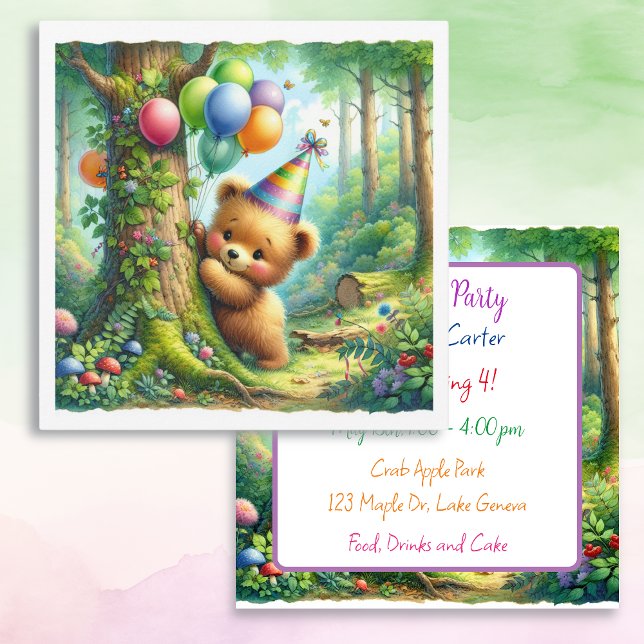 Cute Watercolor Cartoon Baby Bear Cub Birthday Invitation (Creator Uploaded)
