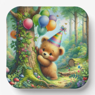 Cute Watercolor Cartoon Baby Bear Cub Birthday Paper Plate