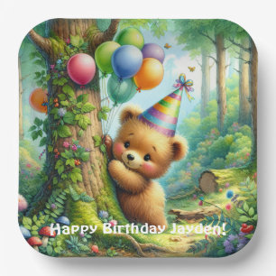 Cute Watercolor Cartoon Baby Bear Cub Birthday Paper Plate
