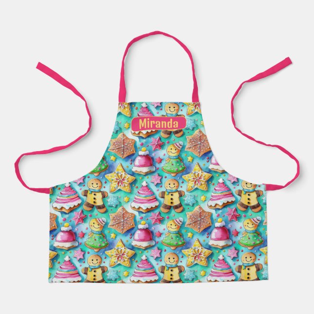 Cute Watercolor Cartoon Gingerbread Cookie Apron (Front)