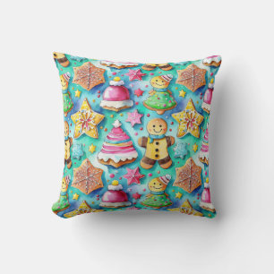 Cute Watercolor Cartoon Gingerbread Cookie Cushion