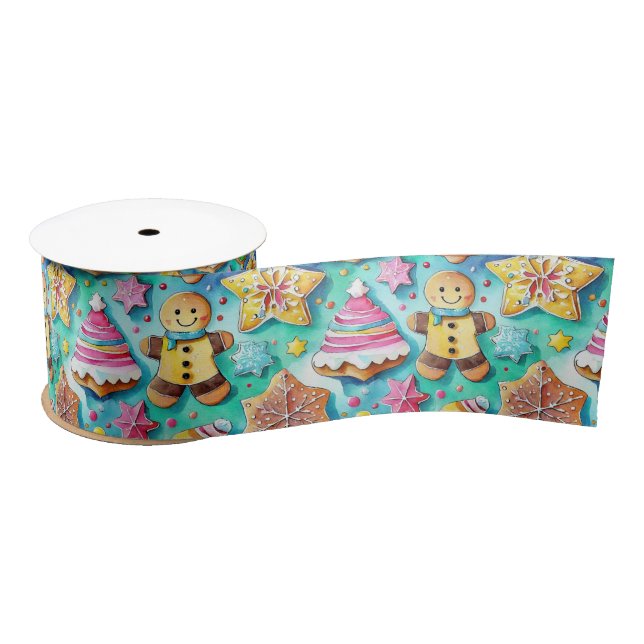 Cute Watercolor Cartoon Gingerbread Cookie Satin Ribbon (Spool)