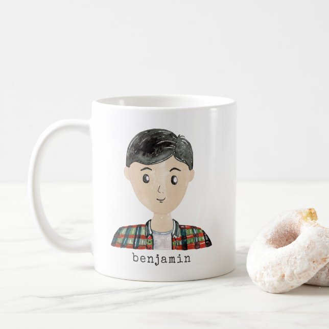 Cute Watercolor Cartoon Male Portrait Custom Coffee Mug (With Donut)
