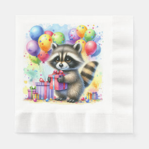 Cute Watercolor Cartoon Racoon Birthday Napkin