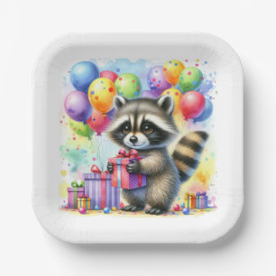 Cute Watercolor Cartoon Racoon Birthday Paper Plate