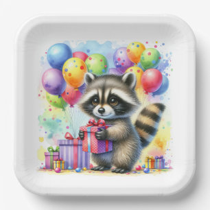 Cute Watercolor Cartoon Racoon Birthday Paper Plate