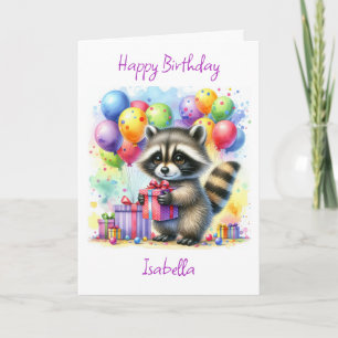 Cute Watercolor Cartoon Racoon Happy Birthday Card