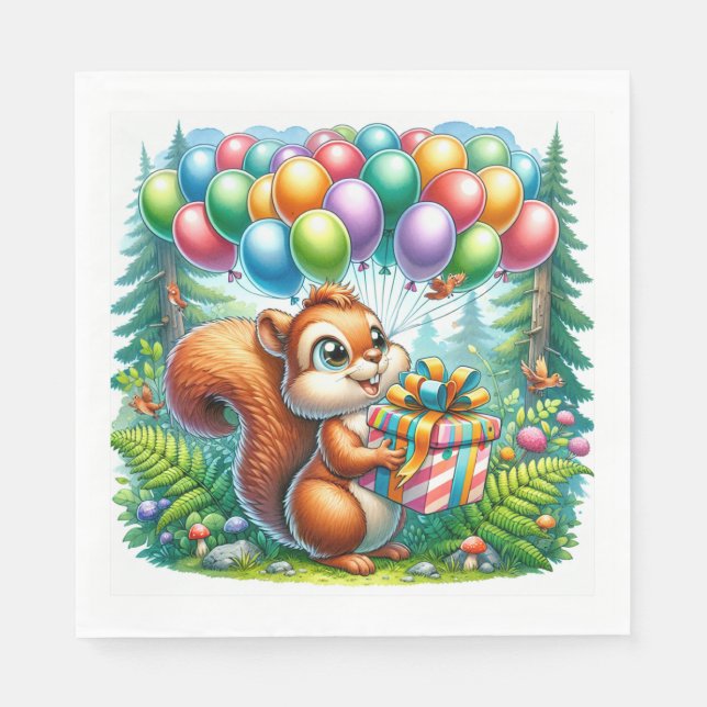 Cute Watercolor Cartoon Squirrel Birthday Napkin (Front)