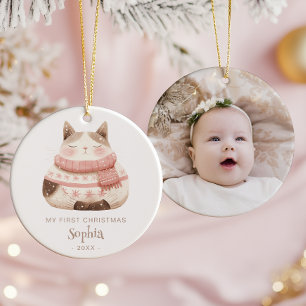 Cute Watercolor Cat Baby's 1st Christmas Photo Ceramic Tree Decoration