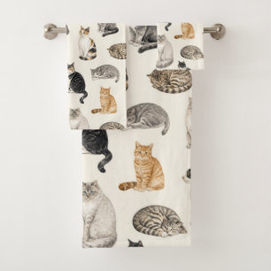 Cute Watercolor Cat Breeds Pattern Bath Towel Set