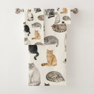 Cute Watercolor Cat Breeds Pattern Bath Towel Set