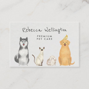 Cute Watercolor Cat Dog Bunny Pet Sitter Walker Business Card