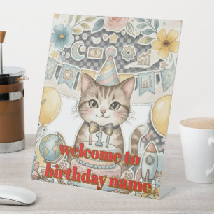 Cute Watercolor Cat First Birthday Pedestal Sign