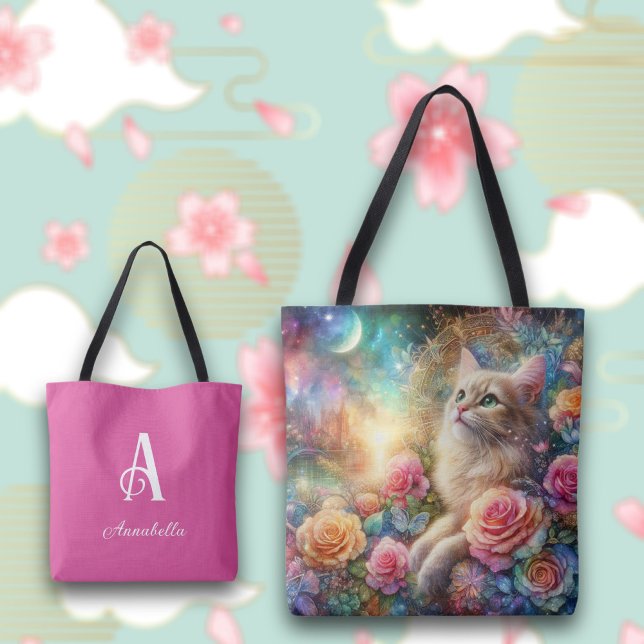 Cute Watercolor Cat Floral Fantasy Personalised Tote Bag (Creator Uploaded)