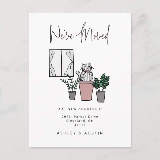 Cute Watercolor Cat Fun We've Moved New Home  Postcard (Front)