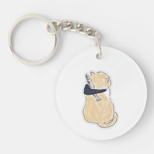 Cute Watercolor Cat Holding Fish Vinyl Sticker Key Ring