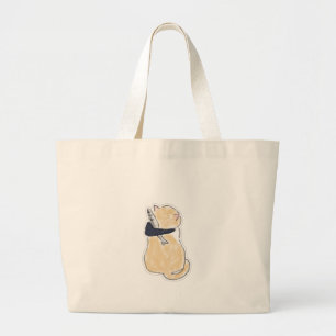 Cute Watercolor Cat Holding Fish Vinyl Sticker Large Tote Bag