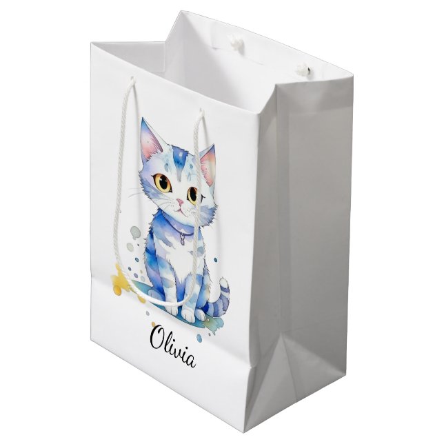 Cute watercolor cat (kitten) design medium gift bag (Front Angled)
