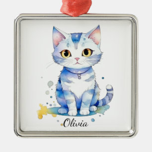 Cute watercolor cat (kitten) design metal tree decoration