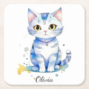 Cute watercolor cat (kitten) design square paper coaster