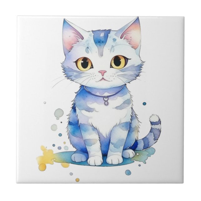 Cute watercolor cat (kitten) design tile (Front)